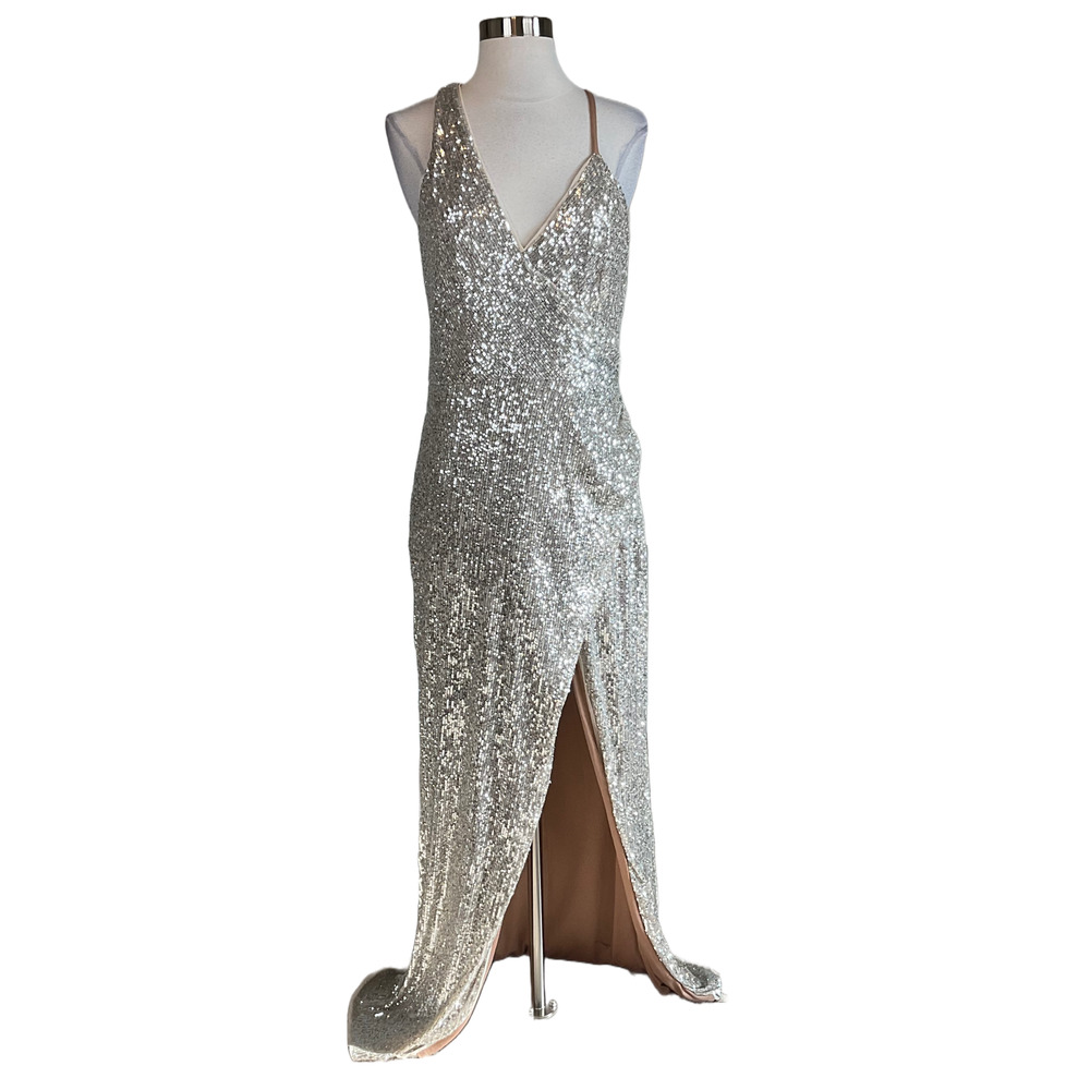 Silver Sequin V-Neck Evening Gown